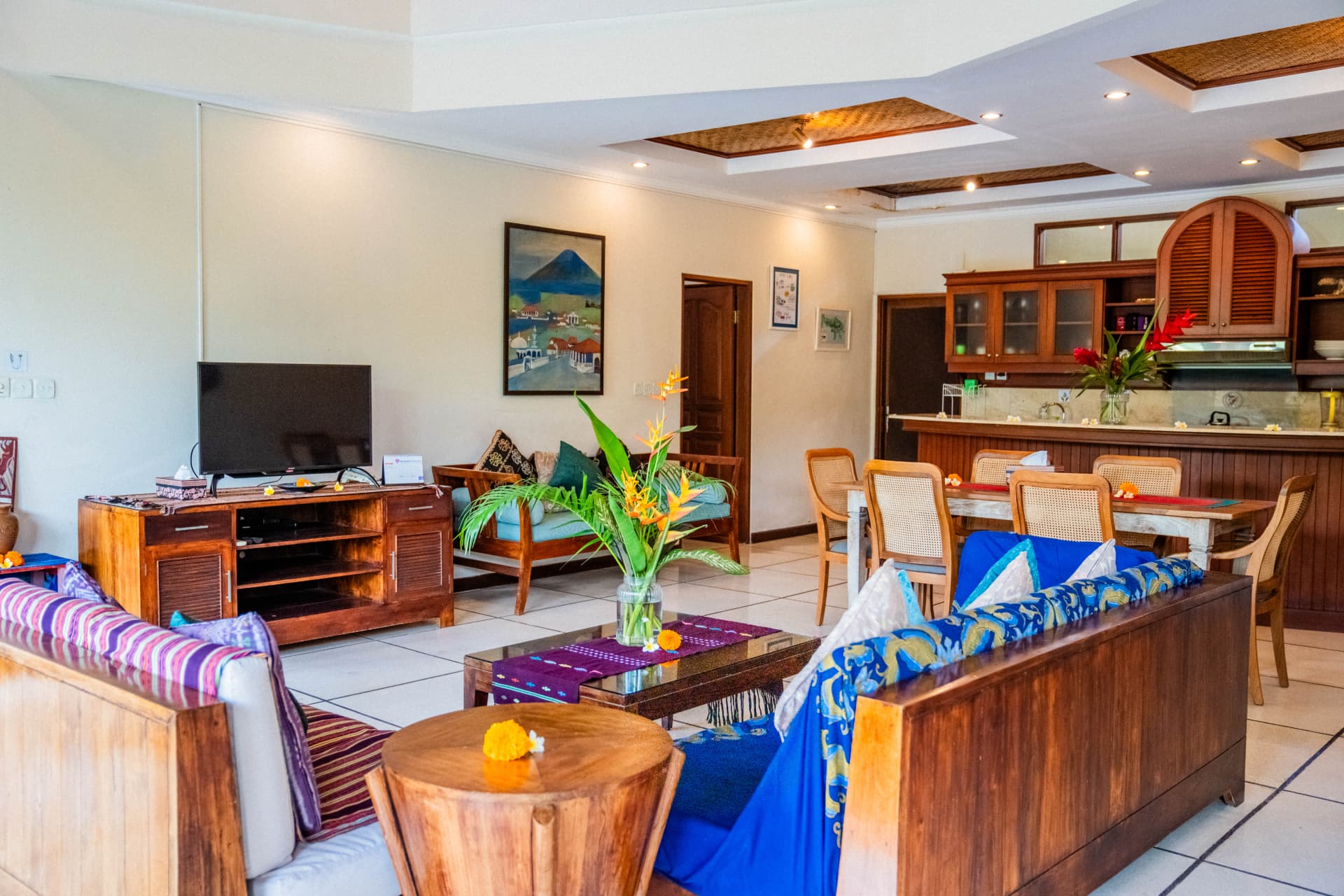 Open-plan villa living room and kitchen interior photography in Bali